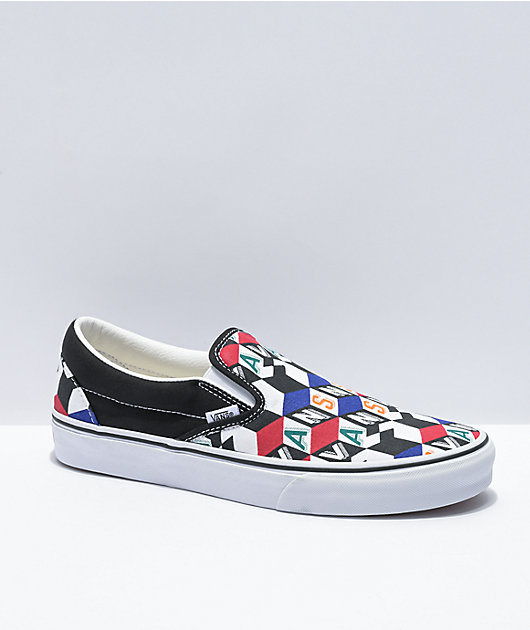 vans classic slip on checkerboard red blue & yellow skate shoes