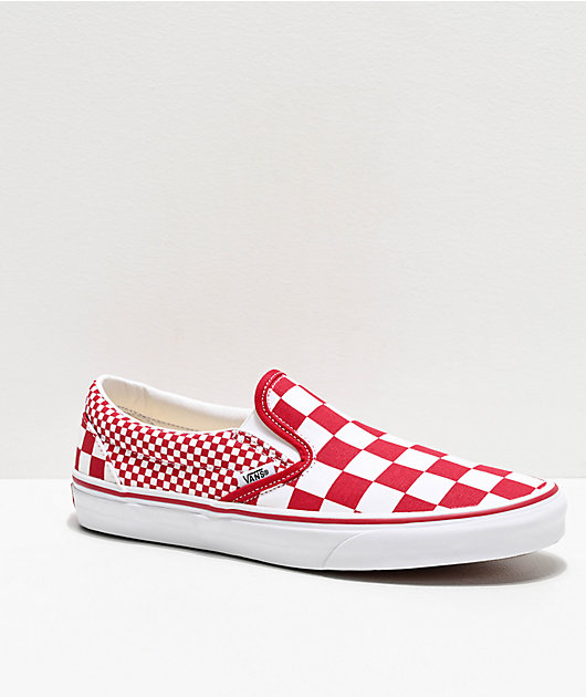 red and white slip on checkerboard vans