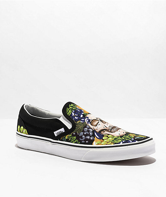 Vans Slip-On Fruit Skull Black White Skate Shoes