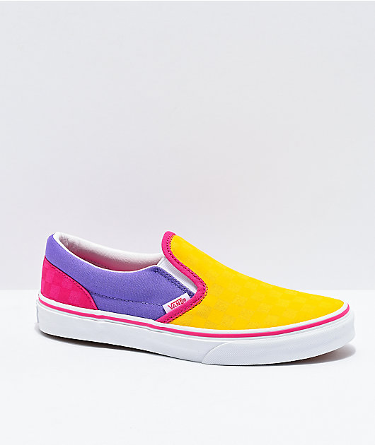 Vans Slip-On Pop zapatos de skate de cuadros amarillos, morados y rosas |  Zumiez