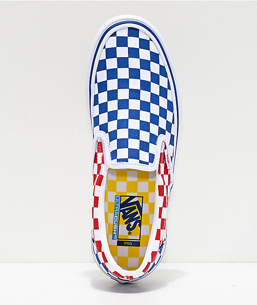 red and blue checkerboard slip on vans