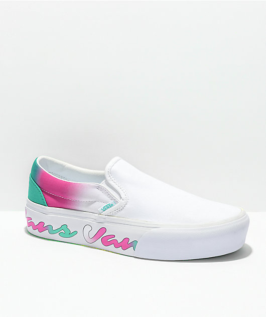 White slip on vans on sale platform