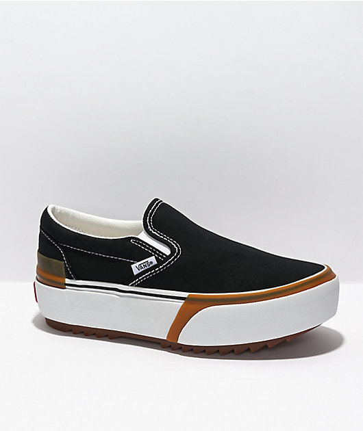 ذرة Vans Slip-On Stacked Black, White, & Gum Platform Shoes ذرة