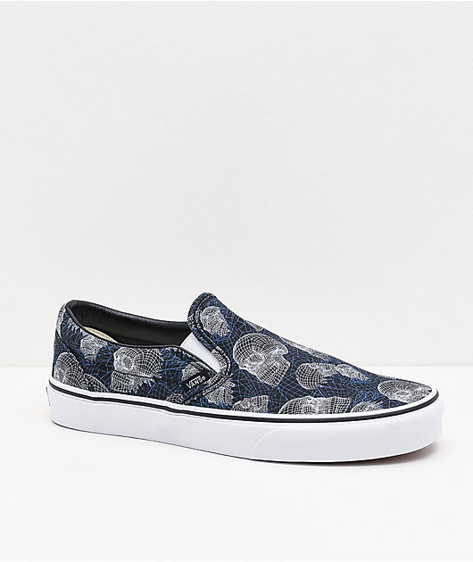 Vans Slip-On Wireframe Skulls Navy & White Skate Shoes | Zumiez