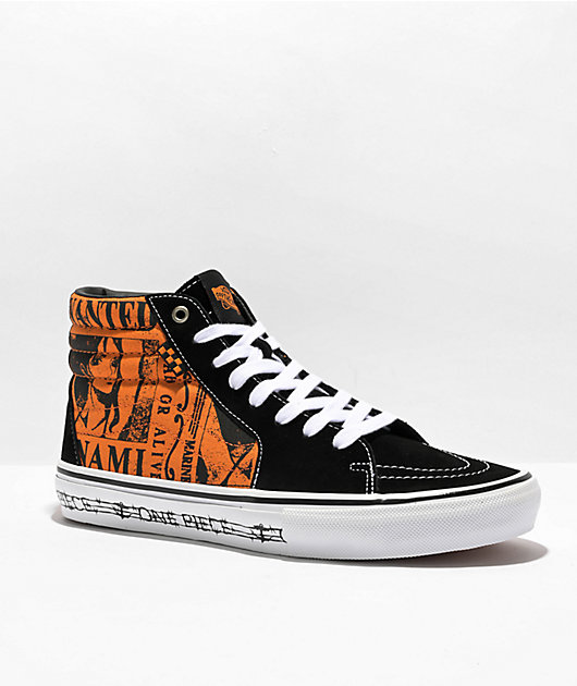 in spite of Polar Alexander Graham Bell Vans x One Piece Sk8-Hi Orange & Black Skate Shoes