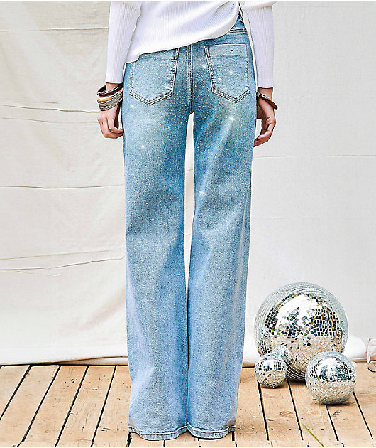 Vibrant Iridescent Rhinestone Light Stone Wash High Rise Wide Leg Jeans