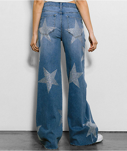 Vibrant miu Star Rhinestone Blue Wide Leg Jeans | Zumiez