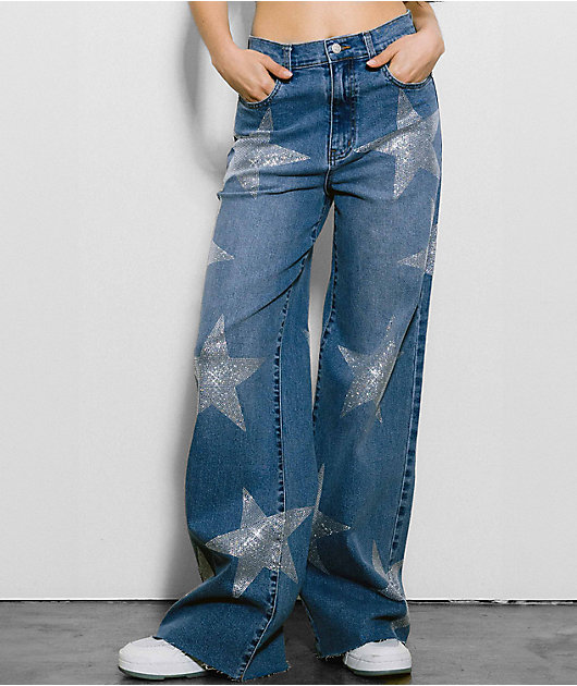 Vibrant miu Star Rhinestone Blue Wide Leg Jeans | Zumiez
