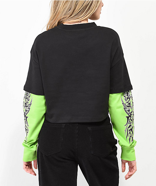 Vitriol Alexie Butterfly Green & Black 2fer Long Sleeve T-Shirt