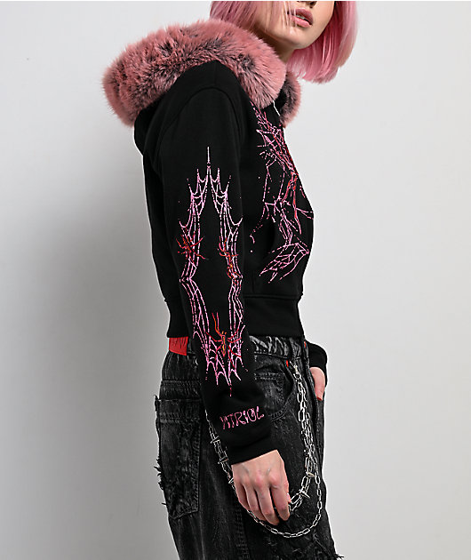 Vitriol Anya Black Faux Fur Crop Zip Hoodie