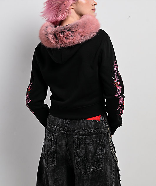 Vitriol Anya Black Faux Fur Crop Zip Hoodie