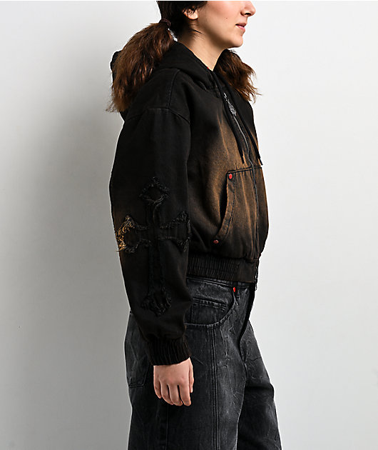 Vitriol Camden Cross Black Wash Crop Hooded Jacket | Zumiez