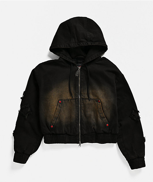 Vitriol Camden Cross Black Wash Crop Hooded Jacket | Zumiez