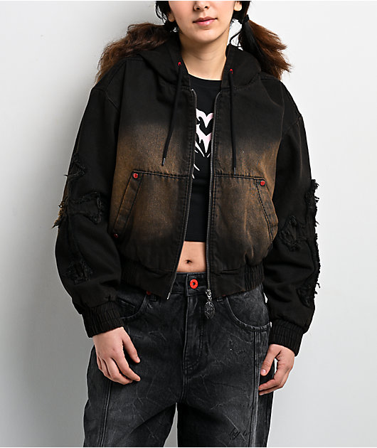 Vitriol Camden Cross Black Wash Crop Hooded Jacket | Zumiez