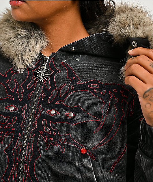 Vitriol Camden Cross Black Wash Faux Fur Crop Hooded Jacket