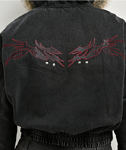 Vitriol Camden Cross Black Wash Faux Fur Crop Hooded Jacket