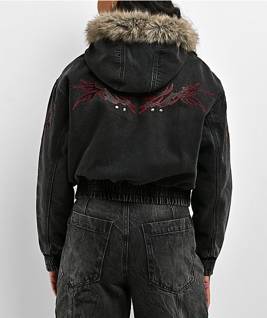 Vitriol Camden Cross Black Wash Faux Fur Crop Hooded Jacket