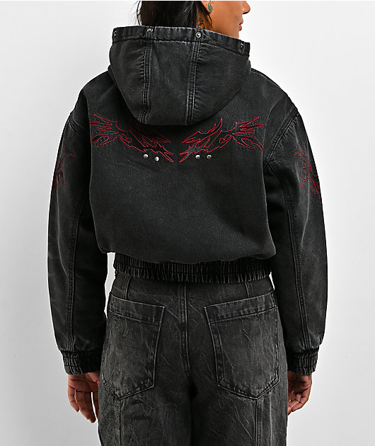 Vitriol Camden Cross Black Wash Faux Fur Crop Hooded Jacket