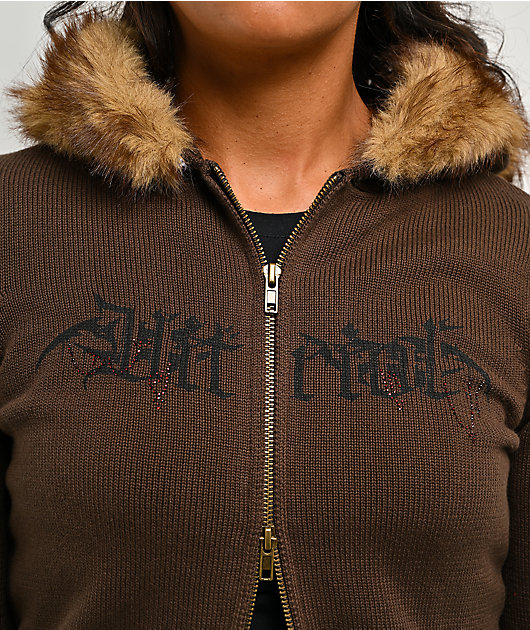 Vitriol Cole Brown Faux Fur Crop Zip Sweater