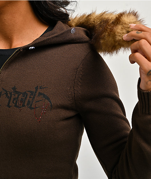 Vitriol Cole Brown Faux Fur Crop Zip Sweater