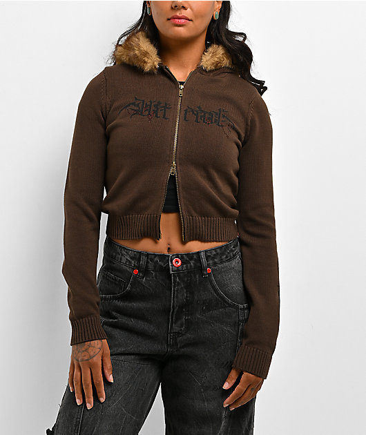 Vitriol Cole Brown Faux Fur Crop Zip Sweater