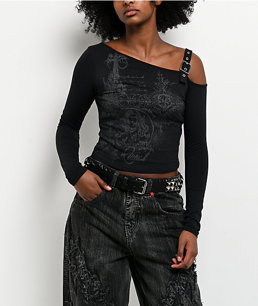 Vitriol Colette Off Shoulder Black Long Sleeve Crop T-Shirt | Zumiez