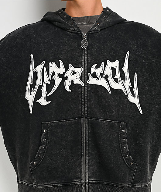Vitriol Death Grip Studded Black Wash Crop Zip Hoodie