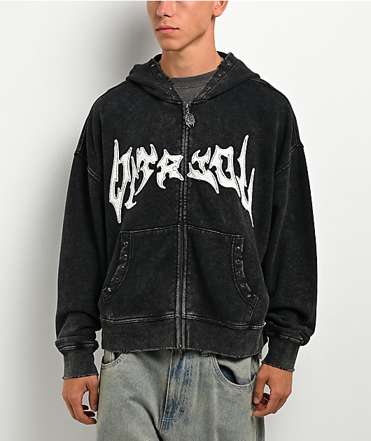 Vitriol Death Grip Studded Black Wash Crop Zip Hoodie