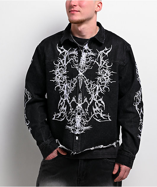 Vitriol Destroyed Denim Black Wash Long Sleeve Button Up Crop Shirt