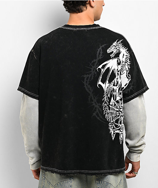 Vitriol Dragon Den Black & Grey Wash 2fer Long Sleeve Boxy T-Shirt