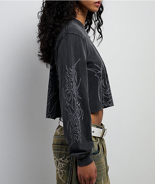 Vitriol Edgy Overlord Black Wash Long Sleeve Crop T-Shirt