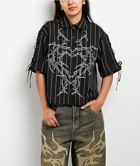 Vitriol Fallon Laced Grey Pinstripe Crop Button Up Shirt