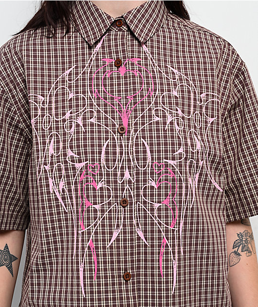 Vitriol Fallon Puce Brown Plaid Crop Short Sleeve Button Up Shirt