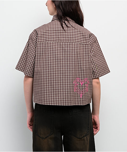 Vitriol Fallon Puce Brown Plaid Short Sleeve Button Up Shirt