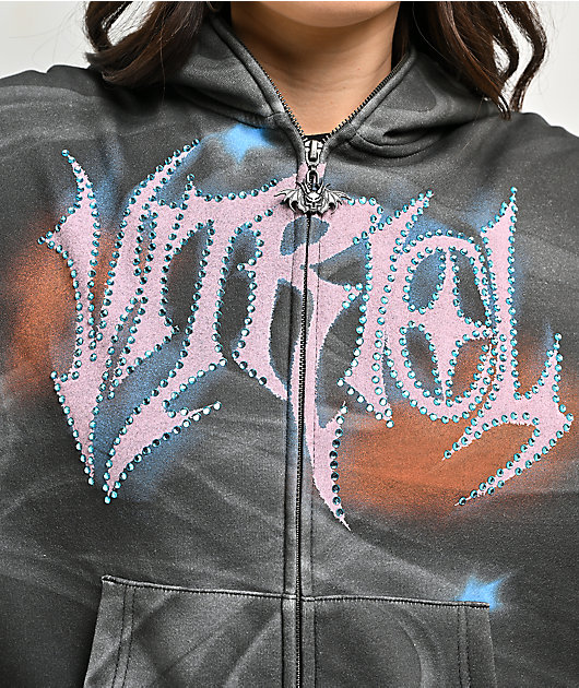 Vitriol Lenexa Smoke Print Rhinestone Grey Body Bag Hoodie