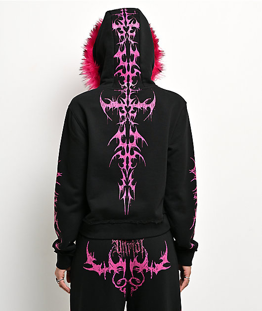 Vitriol Lilith Black Faux Fur Crop Zip Hoodie