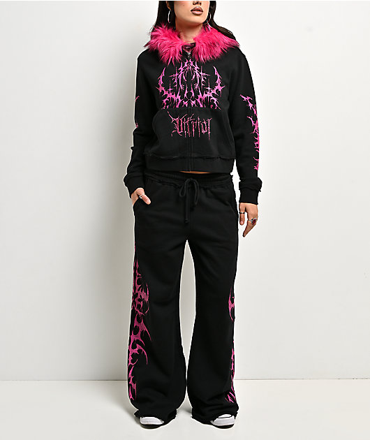 Vitriol Lilith Black Faux Fur Crop Zip Hoodie