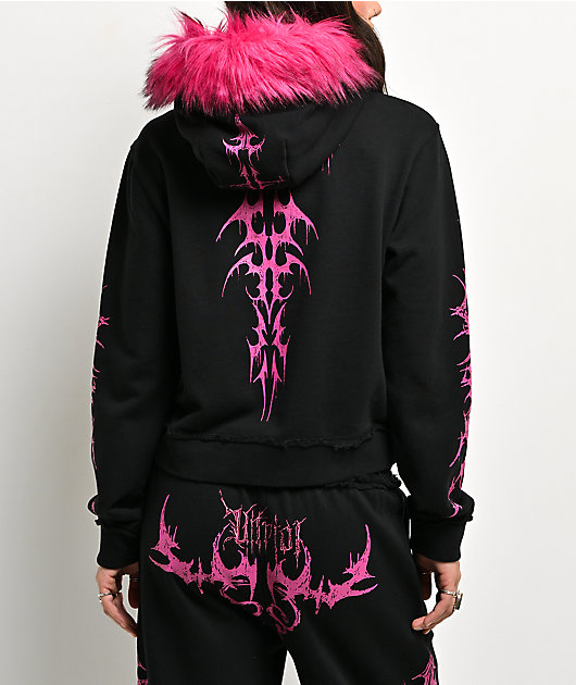 Vitriol Lilith Black Faux Fur Crop Zip Hoodie