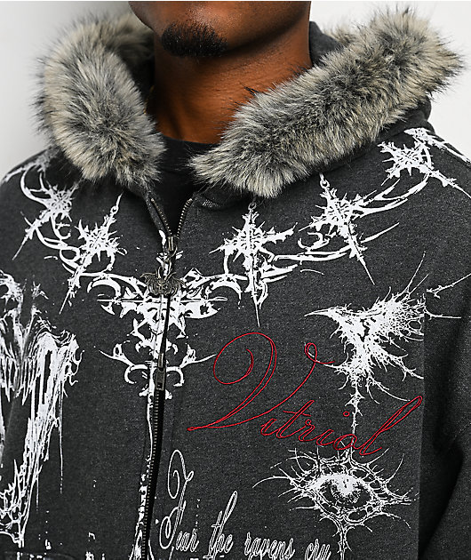 Vitriol Loose Tooth Faux Fur Charcoal Crop Zip Hoodie