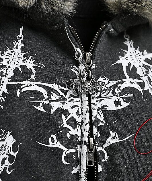 Vitriol Loose Tooth Faux Fur Charcoal Crop Zip Hoodie