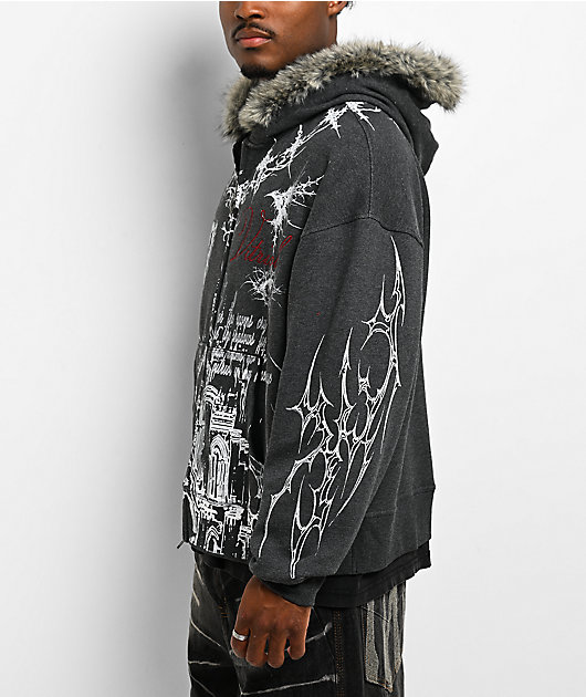 Vitriol Loose Tooth Faux Fur Charcoal Crop Zip Hoodie