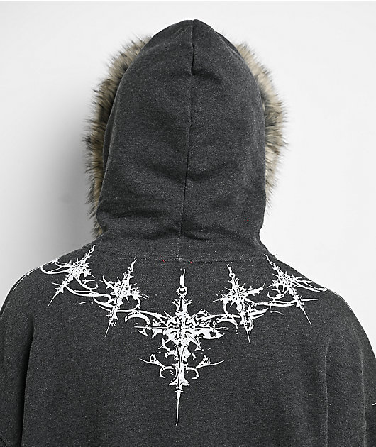 Vitriol Loose Tooth Faux Fur Charcoal Crop Zip Hoodie