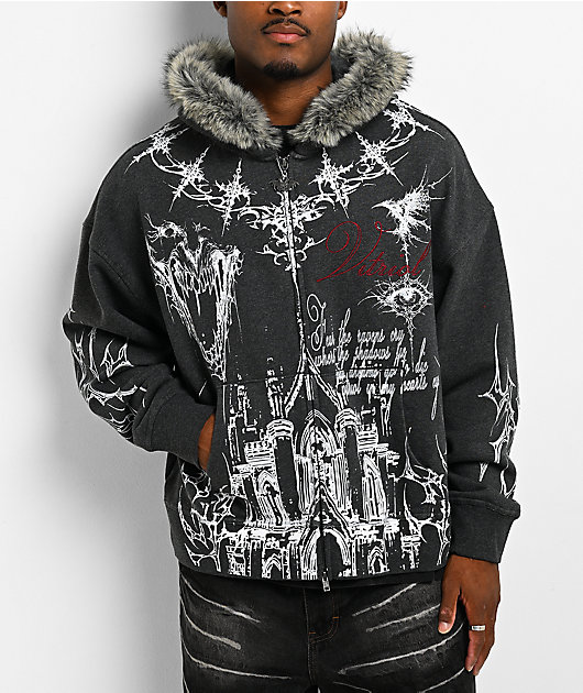 Vitriol Loose Tooth Faux Fur Charcoal Crop Zip Hoodie