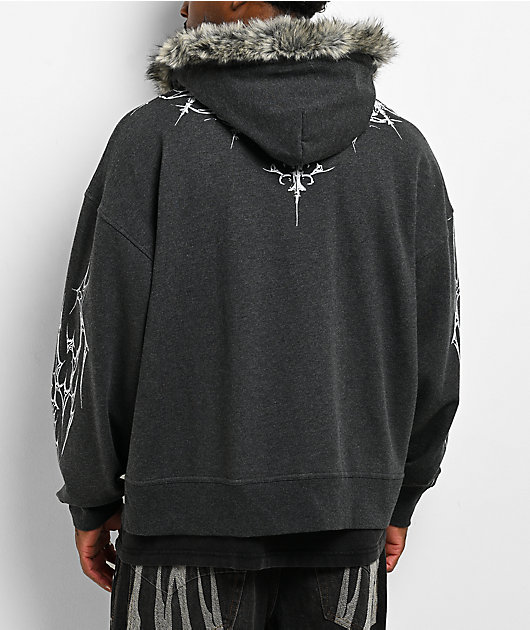 Vitriol Loose Tooth Faux Fur Charcoal Crop Zip Hoodie