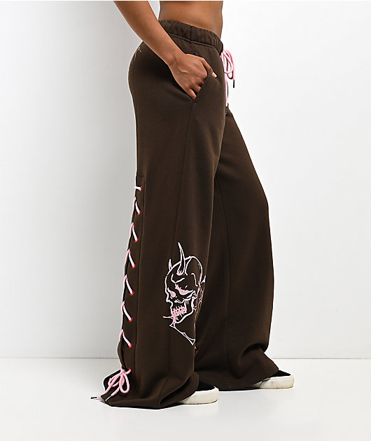 Vitriol Myla Lace Up Pink Icing Wide Leg Sweatpants