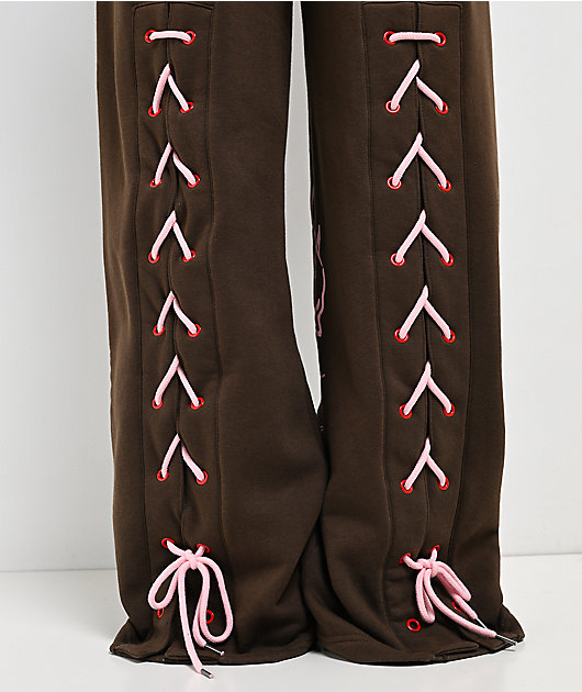 Vitriol Myla Lace Up Pink Icing Wide Leg Sweatpants