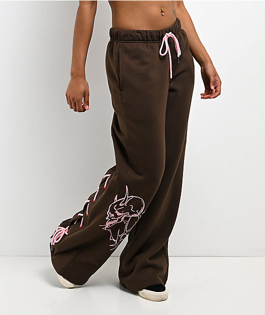 Vitriol Myla Lace Up Pink Icing Wide Leg Sweatpants
