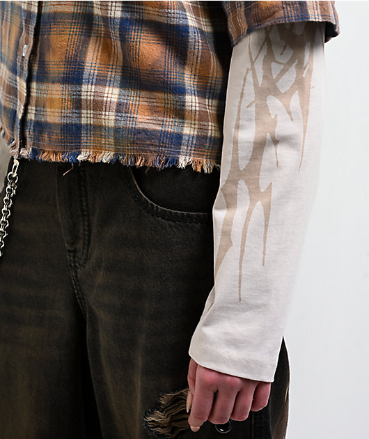 Vitriol Rattler Brown Plaid & Natural 2Fer Long Sleeve Button Up Crop T-Shirt