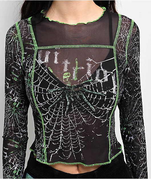 Vitriol Sahar Black & Green Mesh Long Sleeve Crop T-Shirt