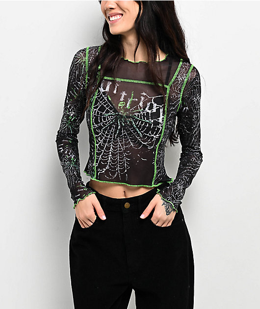 トップス Midorikawa mesh long sleeve shirts Vitriol Sahar Black & Green Mesh Long Sleeve Crop T-Shirt | Zumiez